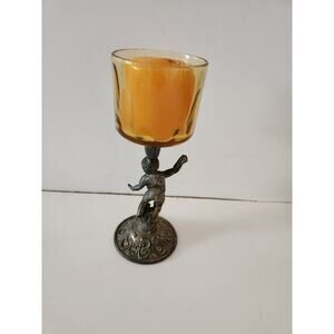 Vintage Brass Cherub Votive Candle Holder with Candle Amber Glass 8" Home Decor